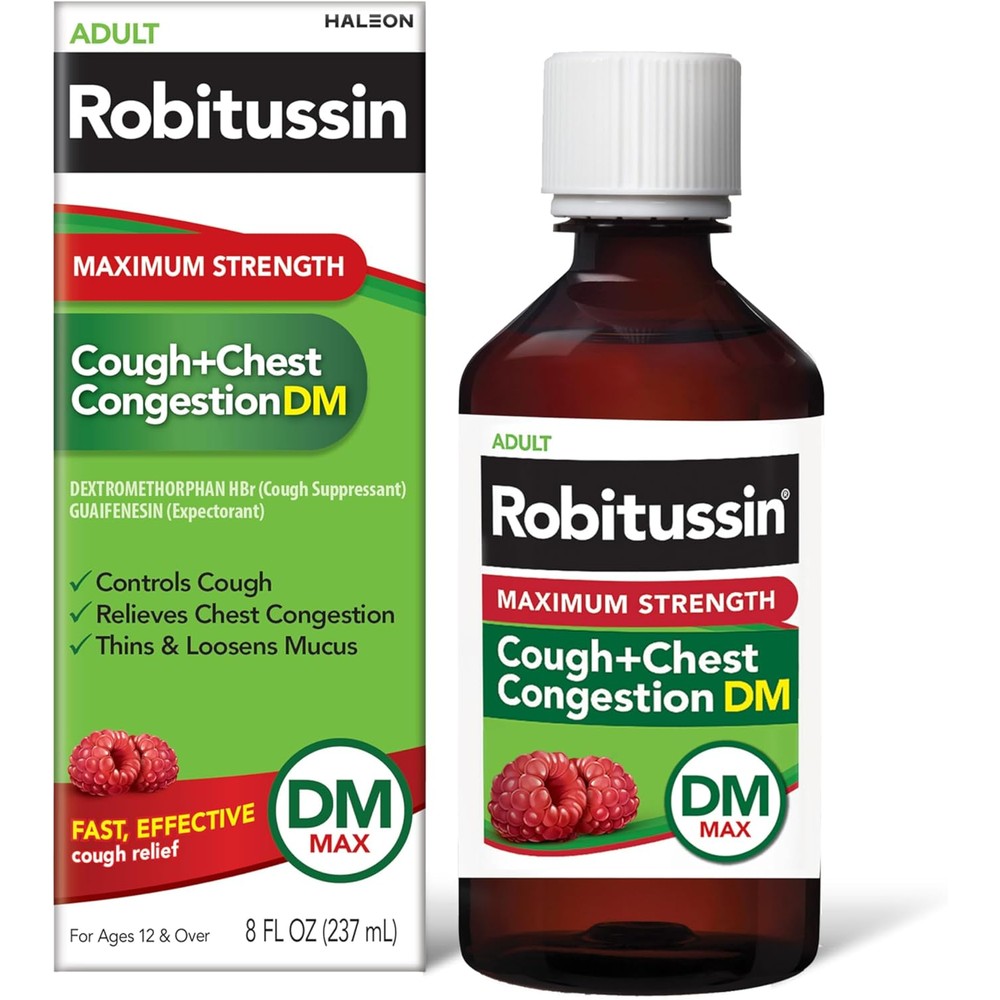Robitussin Adult Maximum Strength Cough and Chest Congestion DM Max liquid bottle front view for severe cold relief.