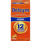 Delsym 12 Hour Adult Cough Medicine Orange Flavor bottle front view showing extended release text