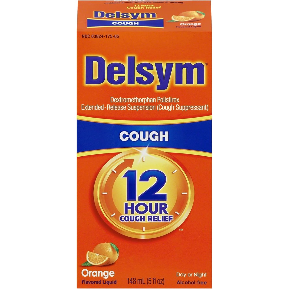 Delsym 12 Hour Adult Cough Medicine Orange Flavor bottle front view showing extended release text