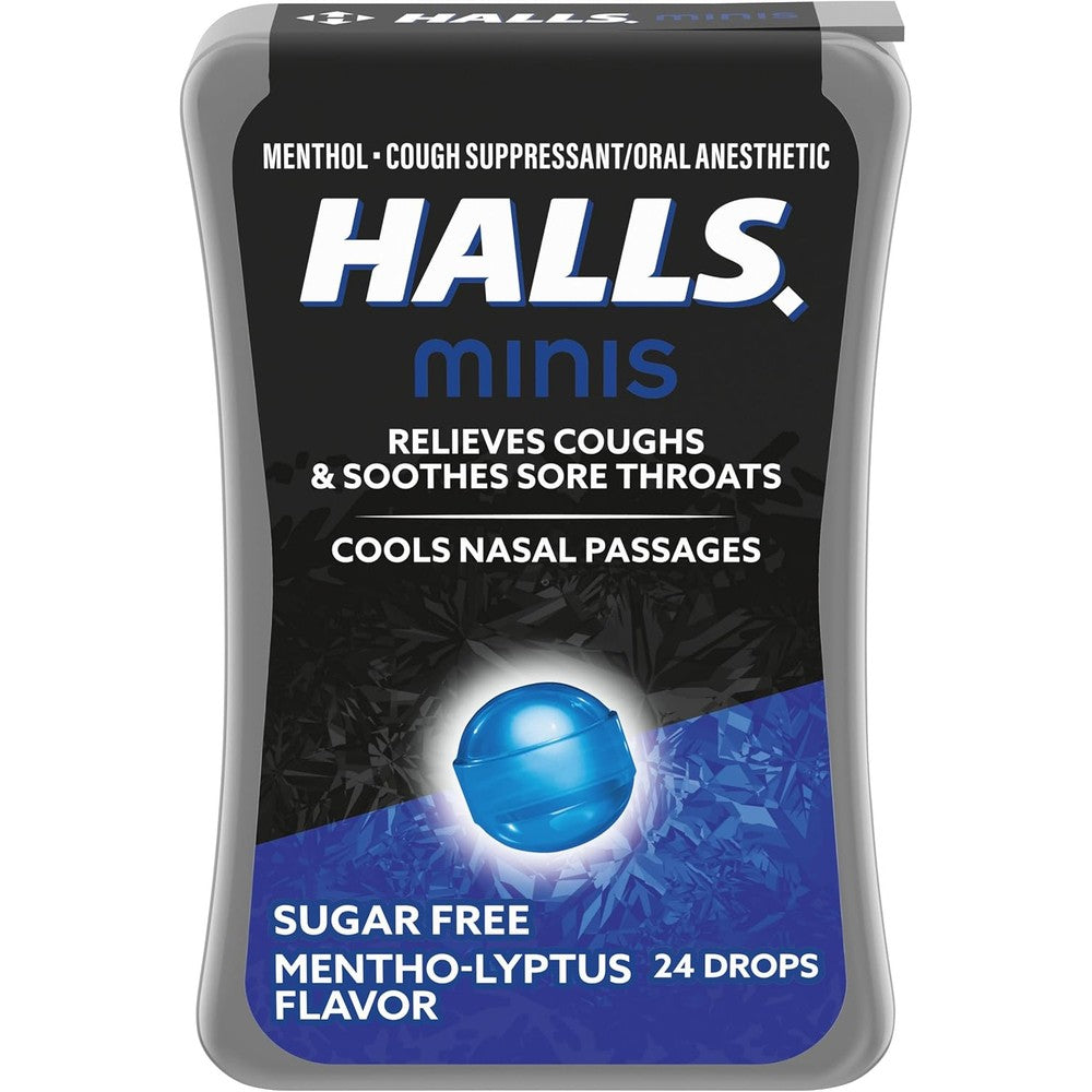 HALLS Minis Mentho-Lyptus Sugar Free Cough Drops front view package for fast throat soothing