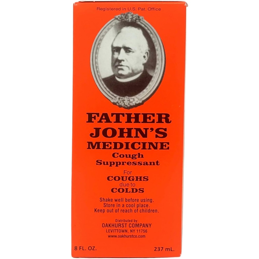 Father John's Alcohol Free Cough Medicine 8 Ounces front packaging view showing non-alcoholic liquid syrup formulation.