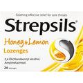 Strepsils Honey and Lemon twenty-four medicated lozenges box front view for throat pain relief