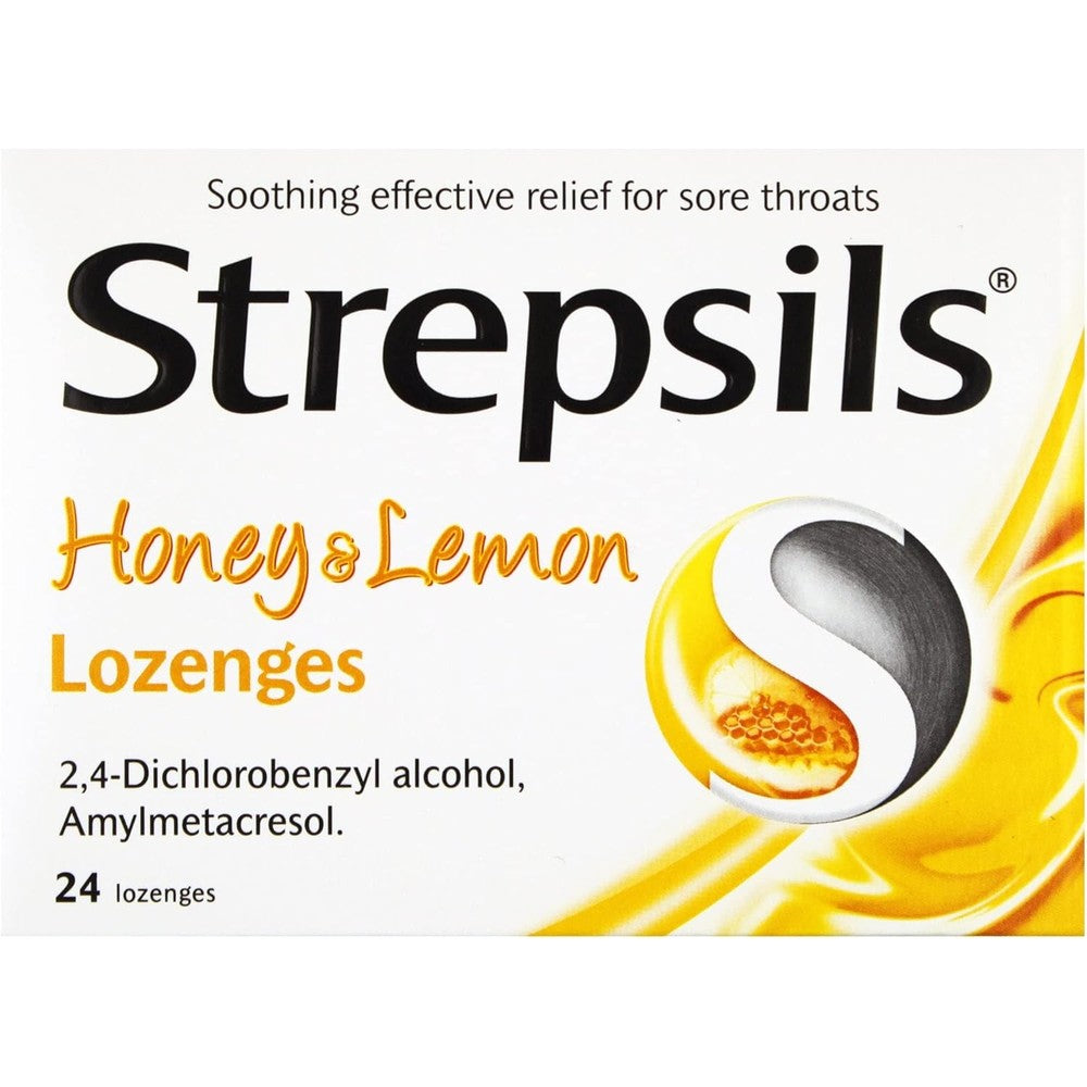 Strepsils Honey and Lemon twenty-four medicated lozenges box front view for throat pain relief