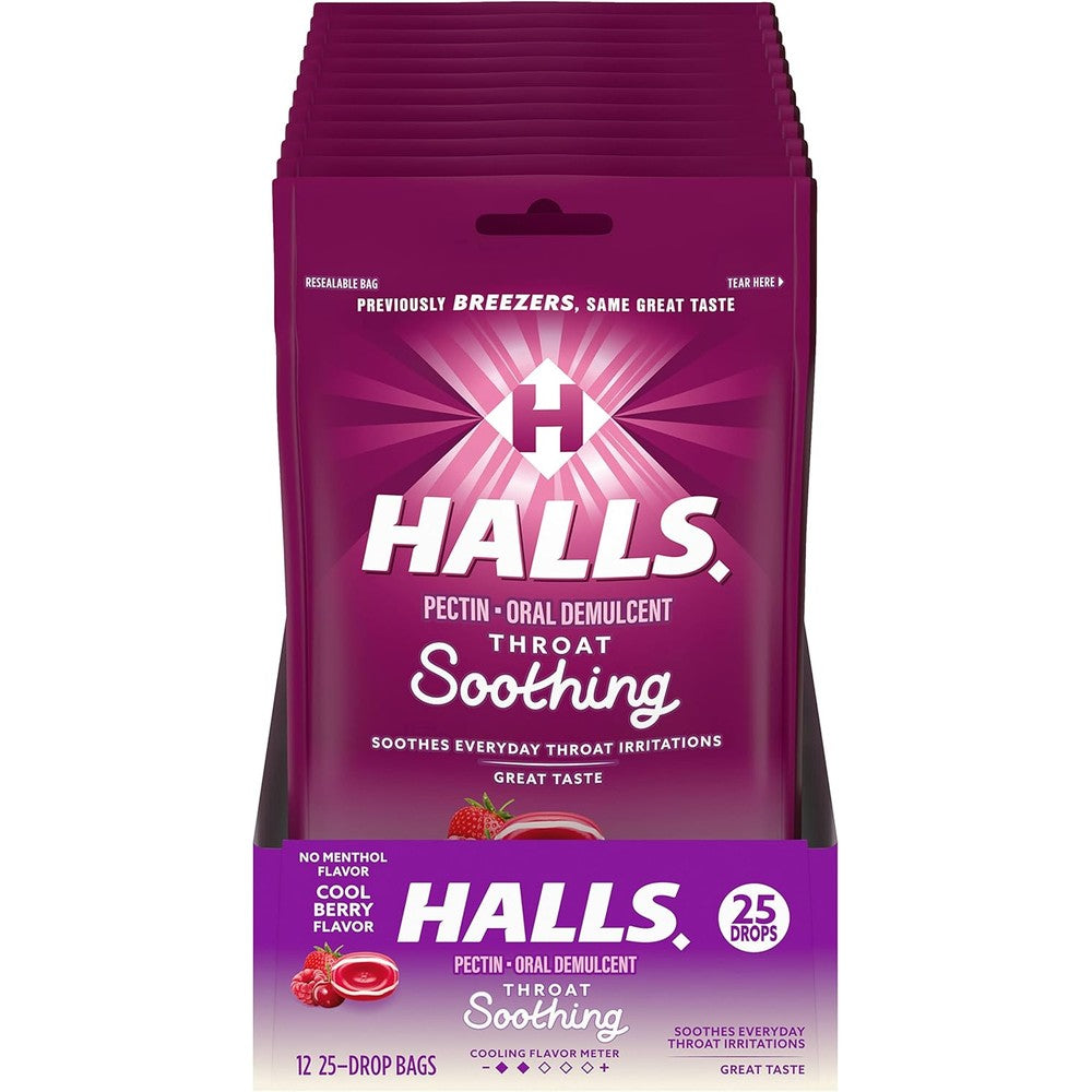 HALLS Throat Soothing Cool Berry Throat Drops 12 bag bulk pack front view