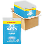 Halls Relief Mountain Menthol Sugar Free Cough Drops front packaging view showcasing bulk economy pack details.