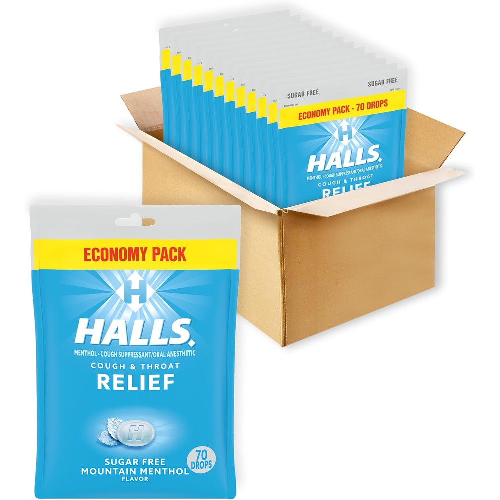 Halls Relief Mountain Menthol Sugar Free Cough Drops front packaging view showcasing bulk economy pack details.