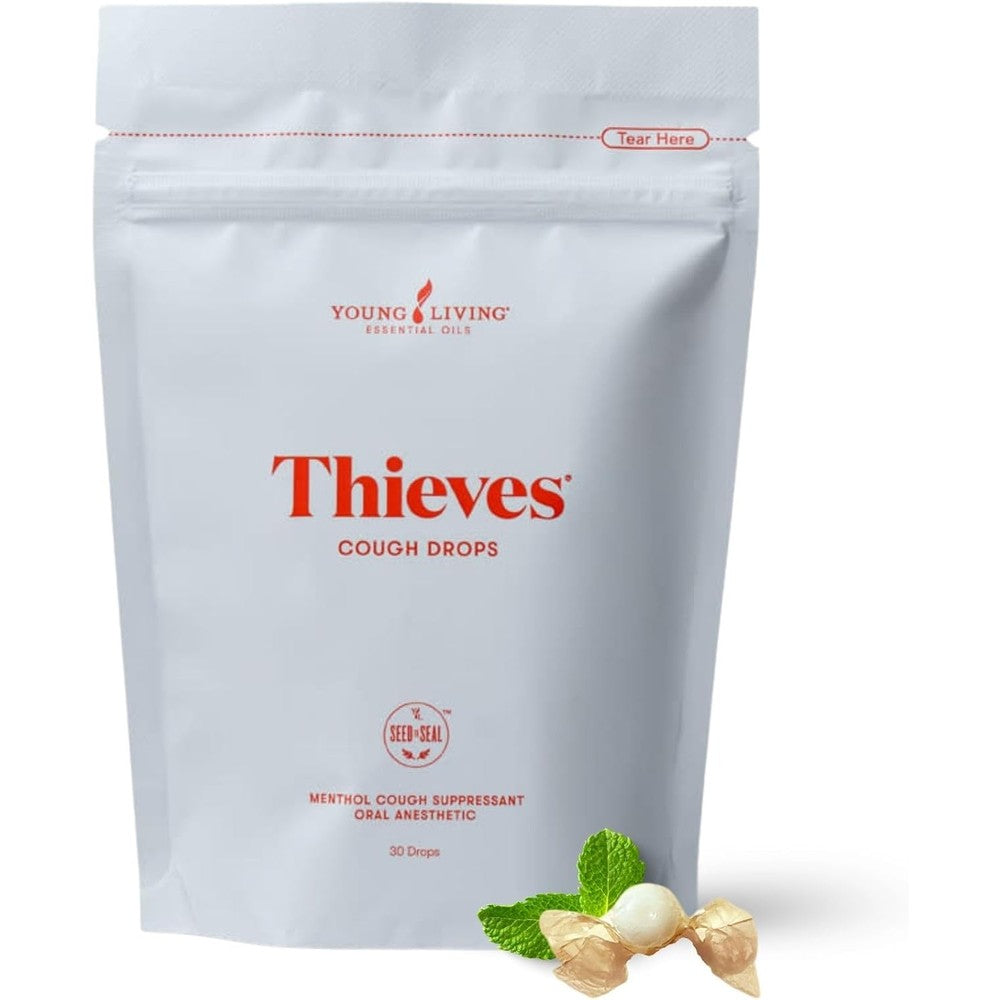 Young Living Thieves Essential Oil Infused Cough Drops 30 Count front pouch view natural throat relief