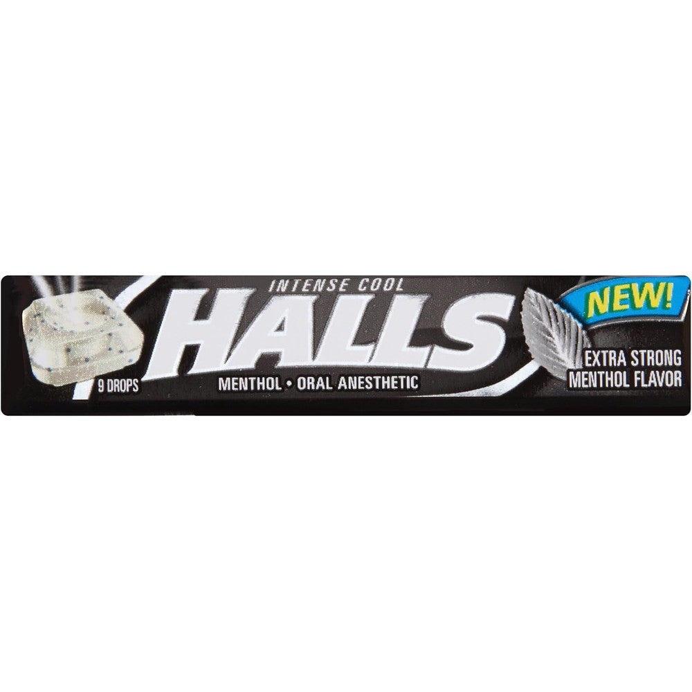 HALLS Relief Max Strength Extra Strong Menthol Throat Drops retail packaging front view showcasing intense cool flavor.