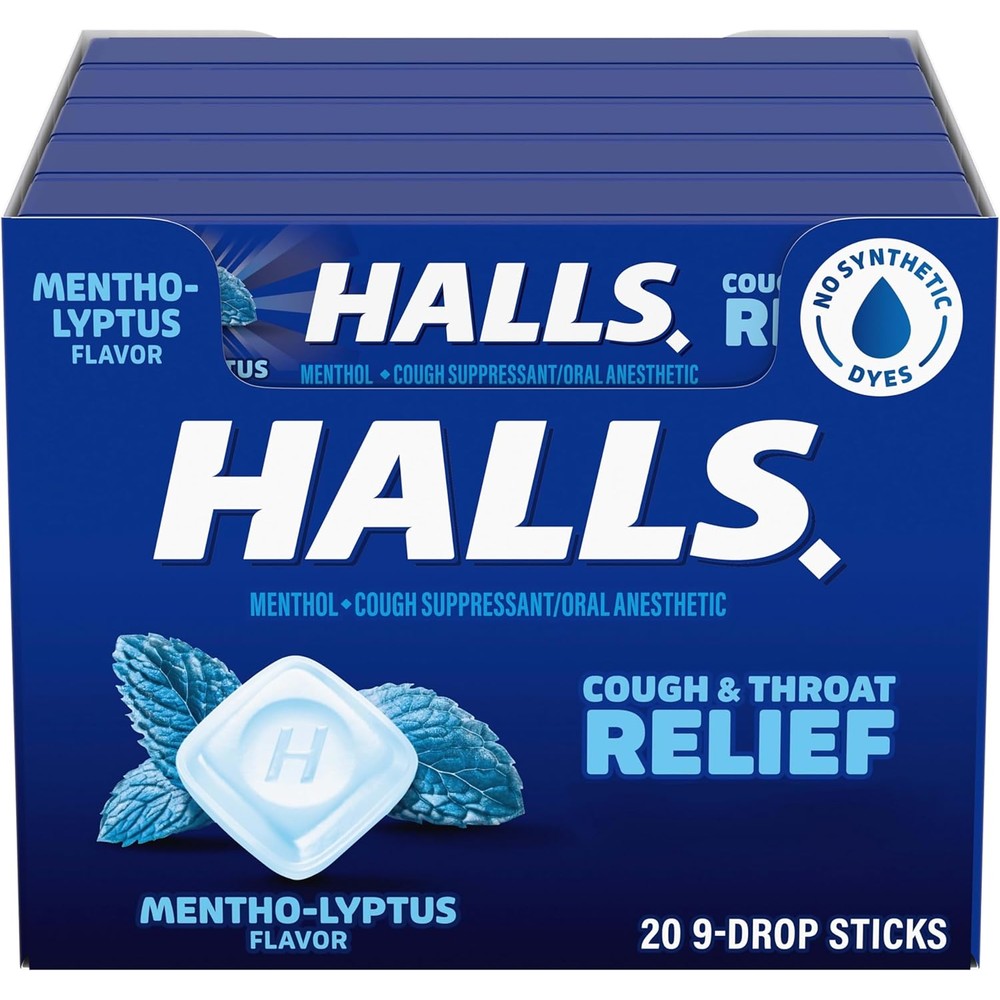 HALLS Relief Mentho Lyptus Cough Drops front view package for soothing throat relief