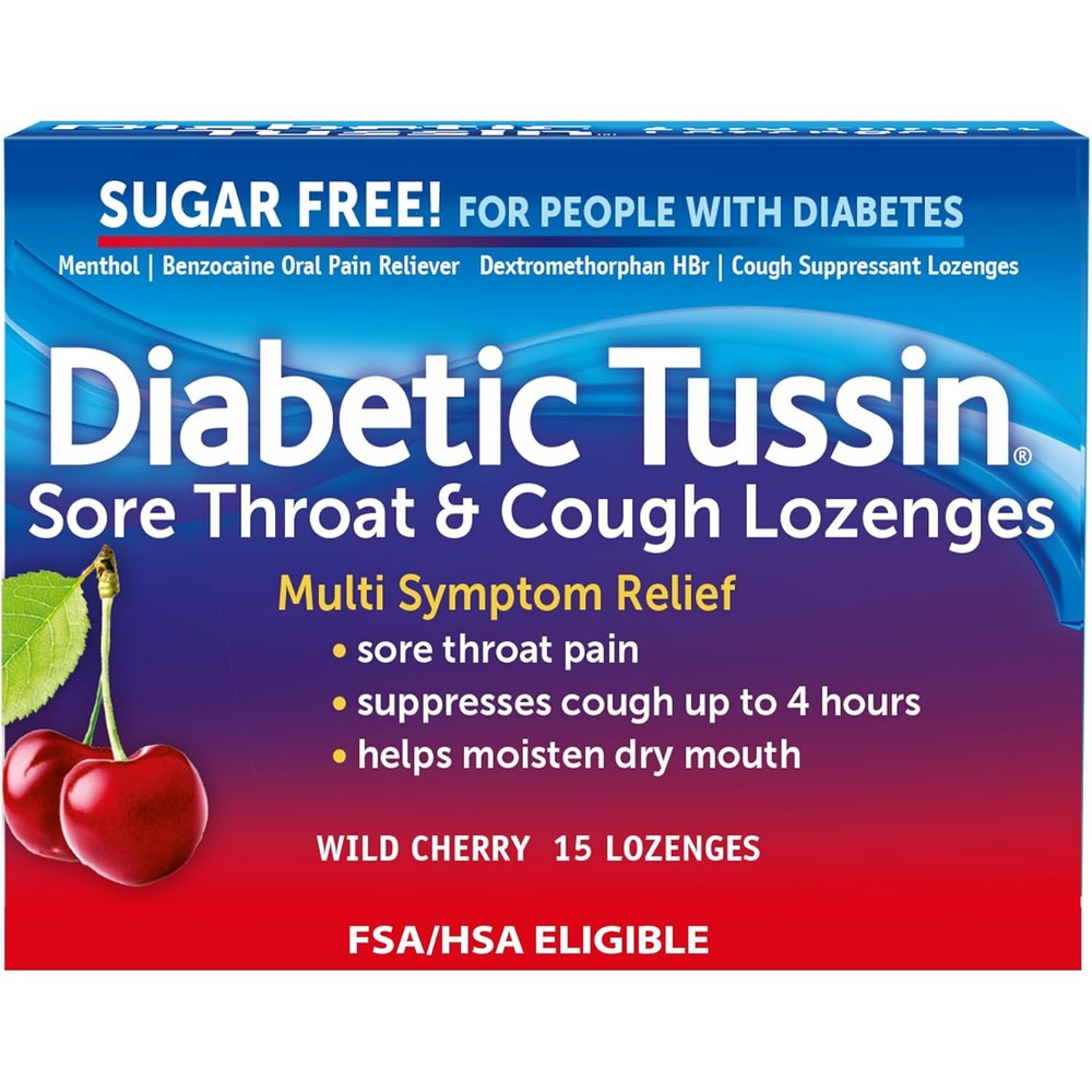 Diabetic Tussin Sugar Free Sore Throat and Cough Drops front view box packaging for diabetic cold relief.