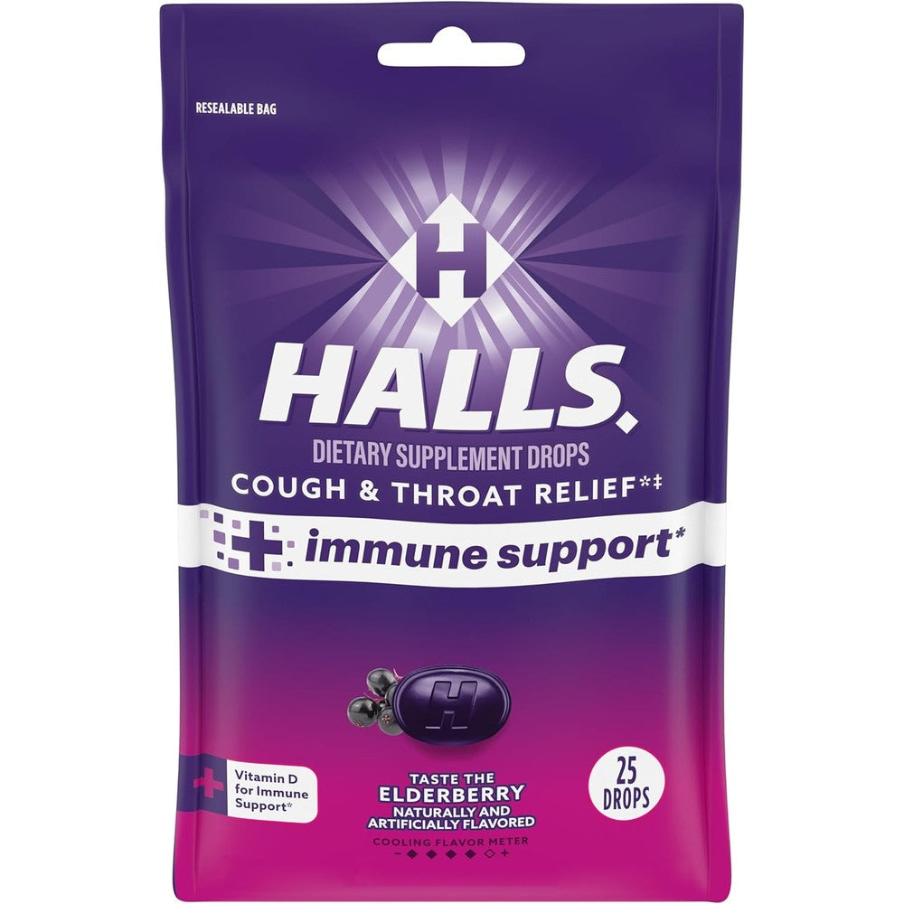HALLS Cough and Throat Relief plus Immune Support Elderberry front view packaging