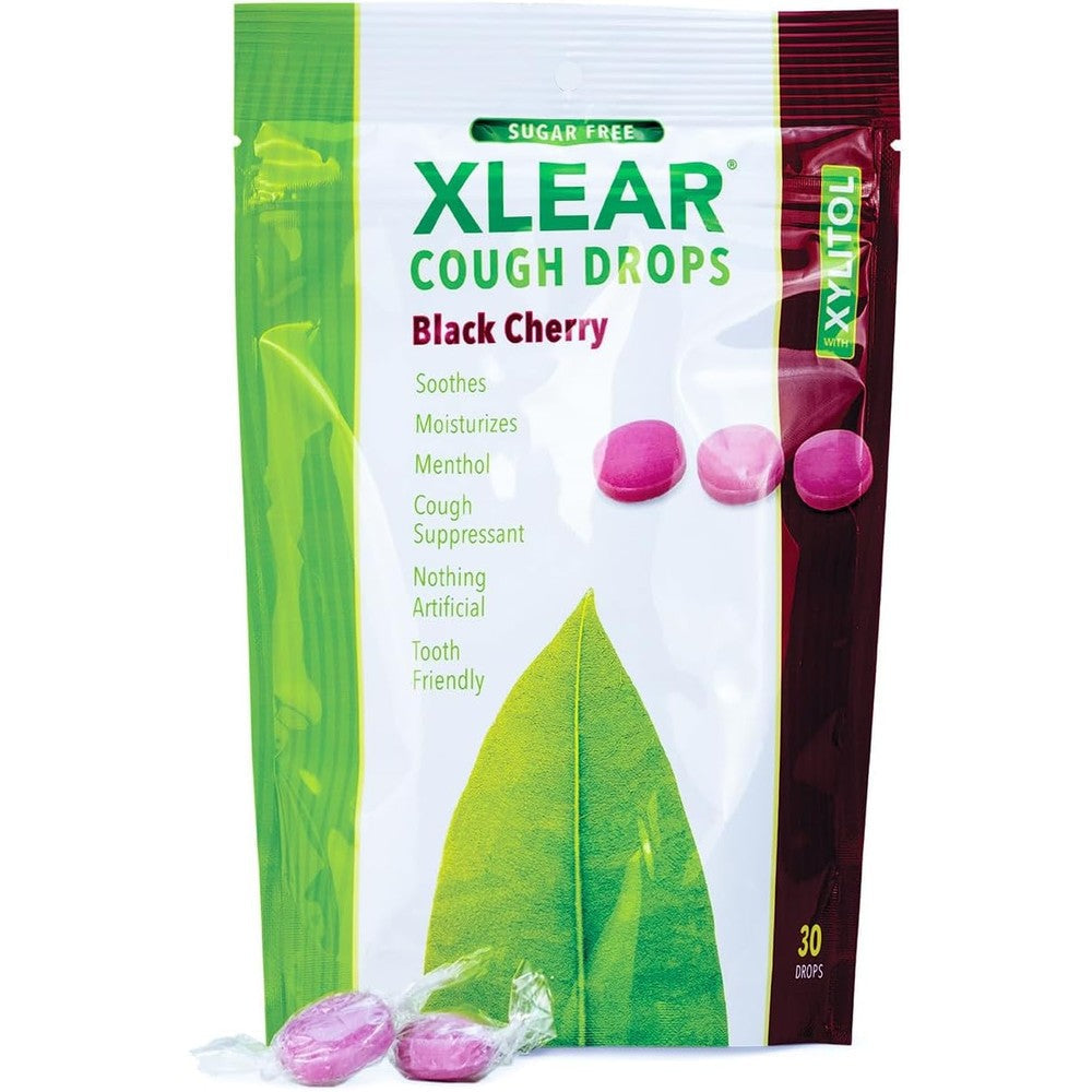 Xlear Xylitol Sugar-Free Black Cherry Cough Drops front packaging