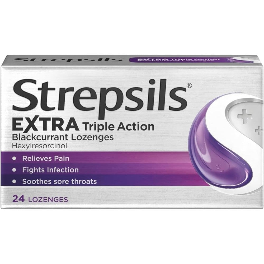 Optum Health Pharmacy Strepsils Extra Triple Action Blackcurrant Lozenges front view packaging for powerful sore throat relief