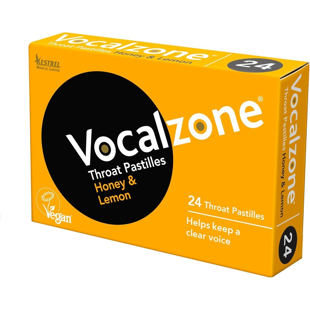 Vocalzone Honey and Lemon Throat Pastilles front view packaging for vocal care