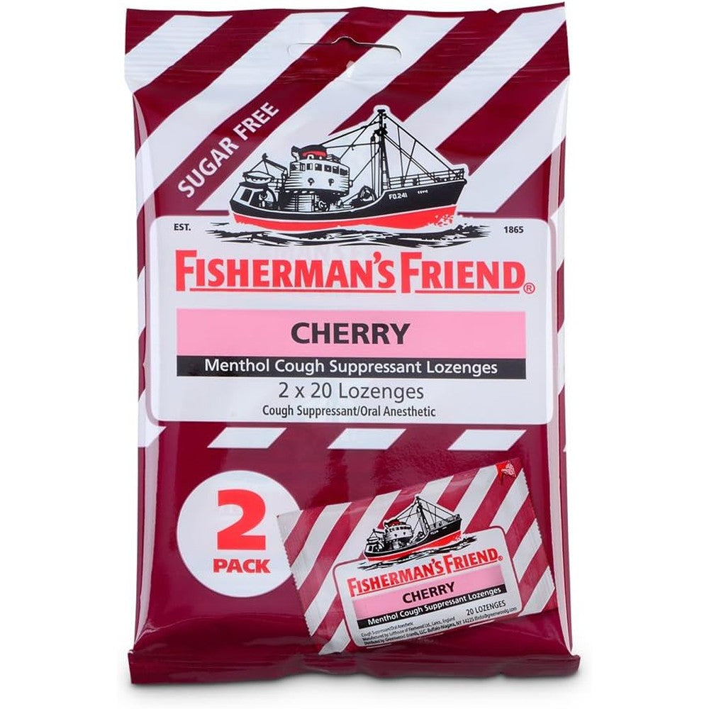 Fisherman's Friend Sugar Free Cherry Menthol Cough Drops front view package showing sore throat lozenges