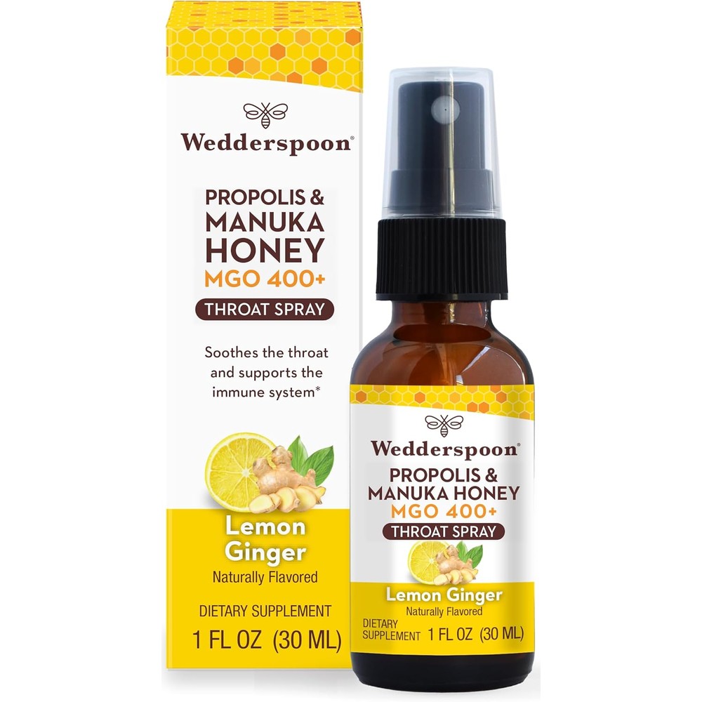 Wedderspoon Propolis and Manuka Honey Throat Spray Lemon Ginger front view