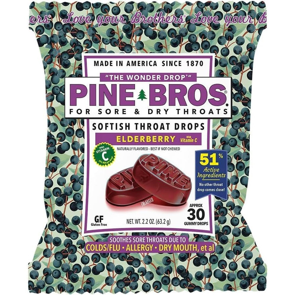 Pine Bros. Gummy Sore Throat Softish Drops Elderberry 30 Count front view
