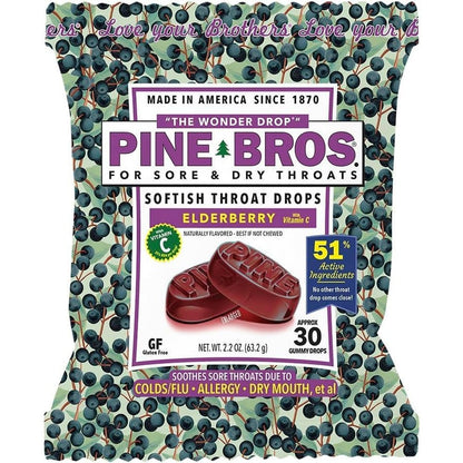 Pine Bros. Gummy Sore Throat Softish Drops Elderberry 30 Count front view