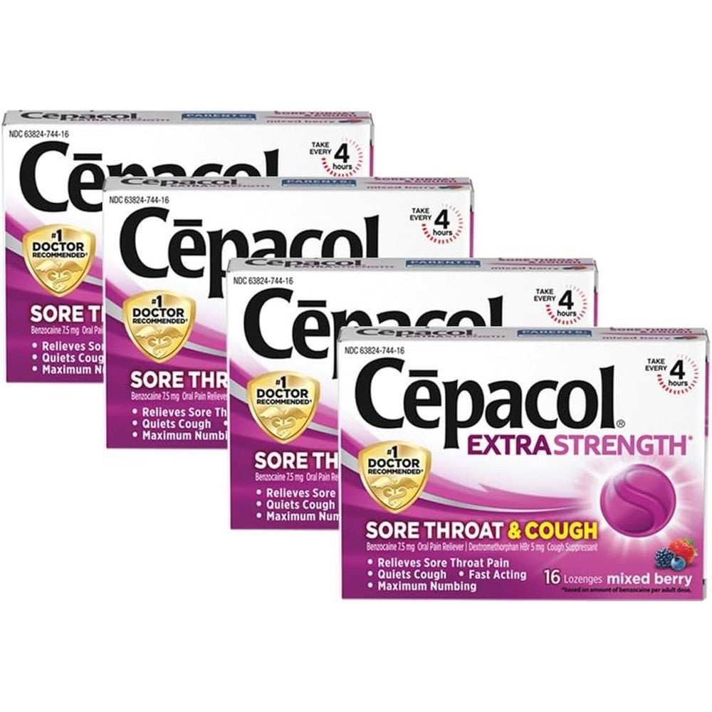 Cepacol Extra Strength Sore Throat and Cough Relief Lozenges front packaging showing mixed berry flavor icon