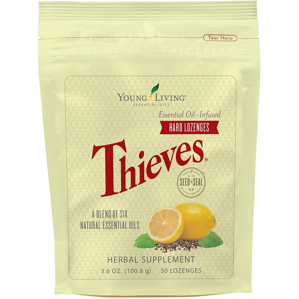 Young Living Thieves Hard Lozenges 30 count front packaging for dry mouth relief