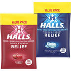 HALLS Relief Variety Pack front view showing Cherry and Mentho-Lyptus value packs for cough relief