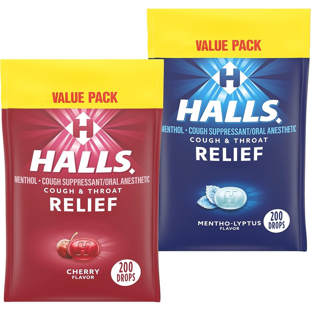 HALLS Relief Variety Pack front view showing Cherry and Mentho-Lyptus value packs for cough relief
