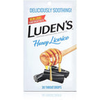 Luden's Honey Licorice Throat Drops front packaging view showcasing sore throat relief benefits.