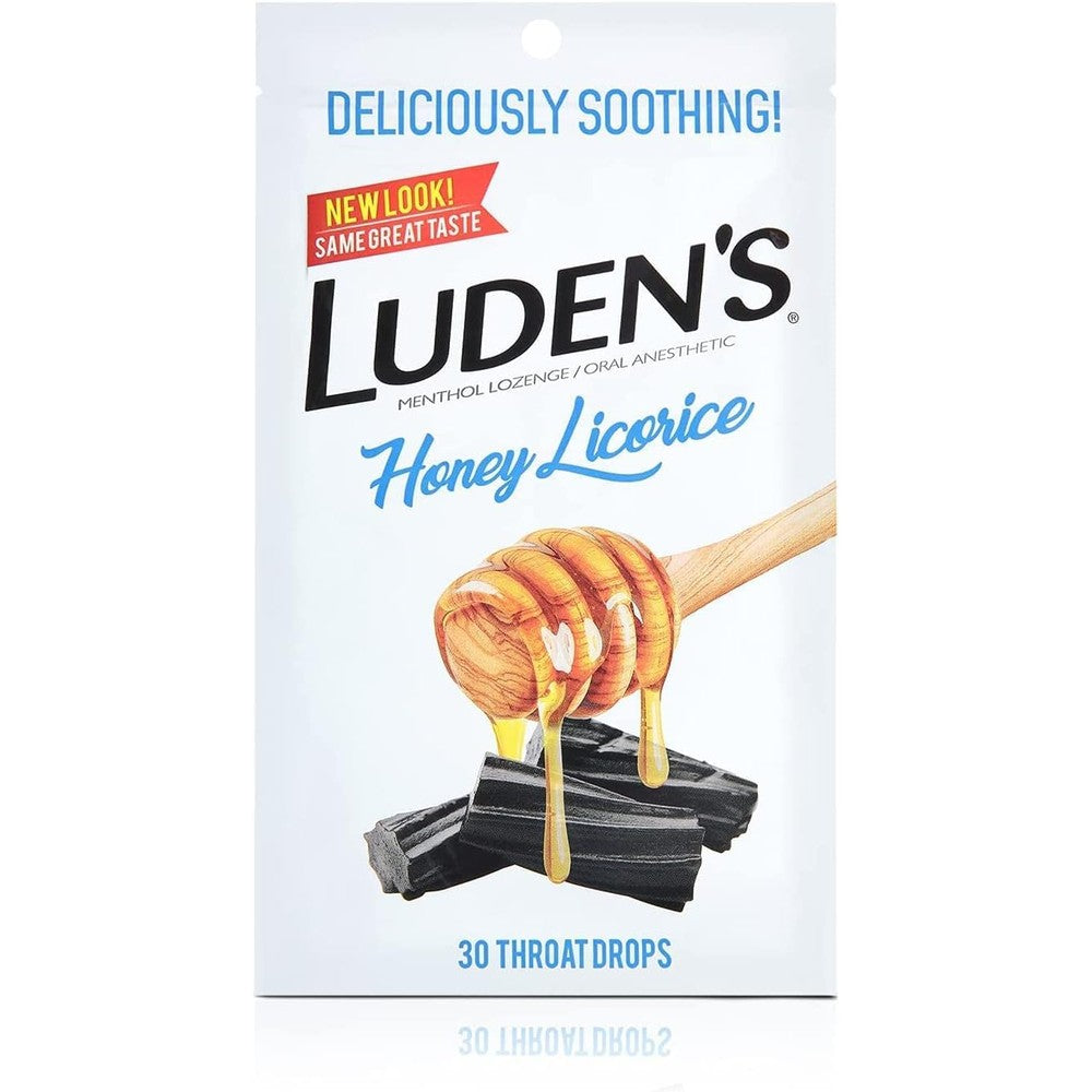 Luden's Honey Licorice Throat Drops front packaging view showcasing sore throat relief benefits.