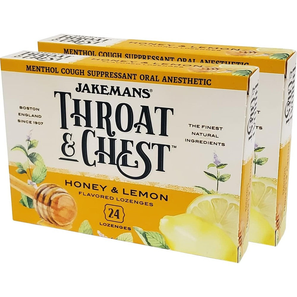 Jakemans Honey and Lemon Throat and Chest Lozenges front view box pack for cough relief