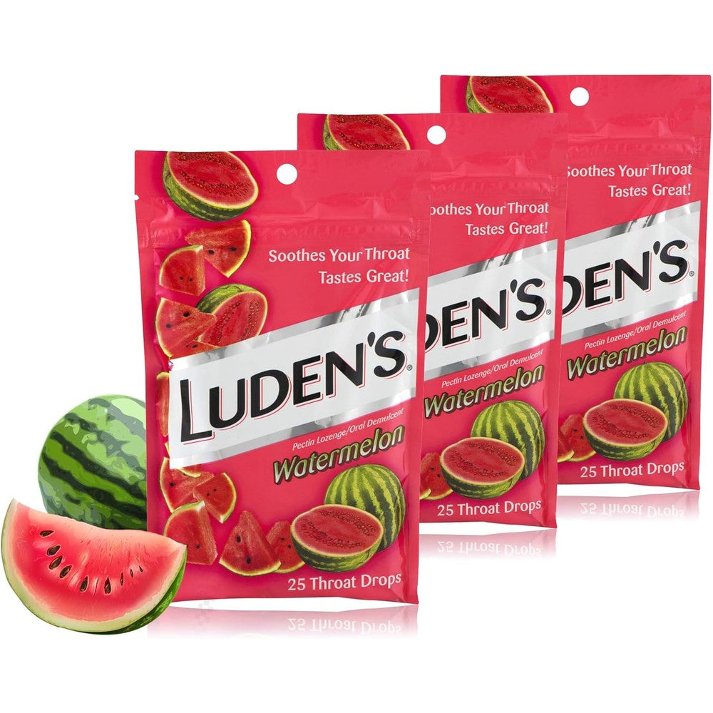 Luden's Watermelon Cough Throat Drops front packaging of three packs total
