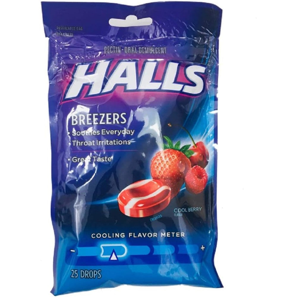 Halls Breezers Cool Berry throat drops pack of three front view for sore throat relief