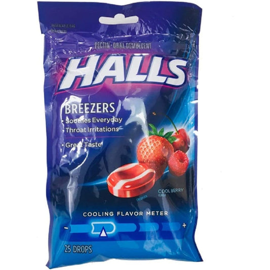 Halls Breezers Cool Berry throat drops pack of three front view for sore throat relief