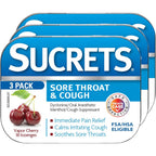 Sucrets Sore Throat and Cough Vapor Cherry Lozenges 3 pack front view showing legendary tins