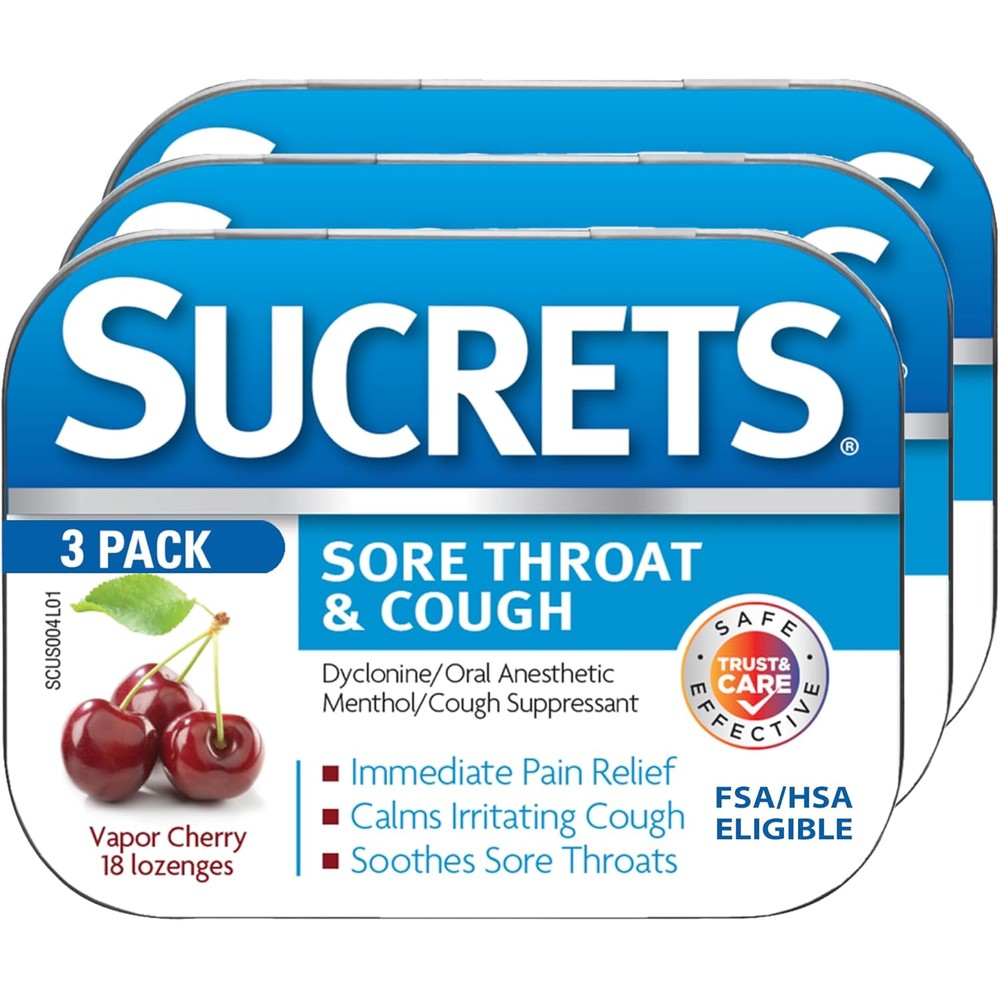 Sucrets Sore Throat and Cough Vapor Cherry Lozenges 3 pack front view showing legendary tins