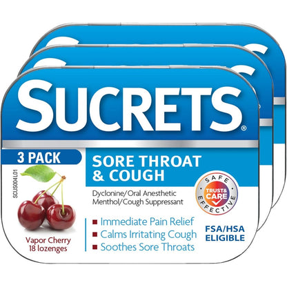 Sucrets Sore Throat and Cough Vapor Cherry Lozenges 3 pack front view showing legendary tins
