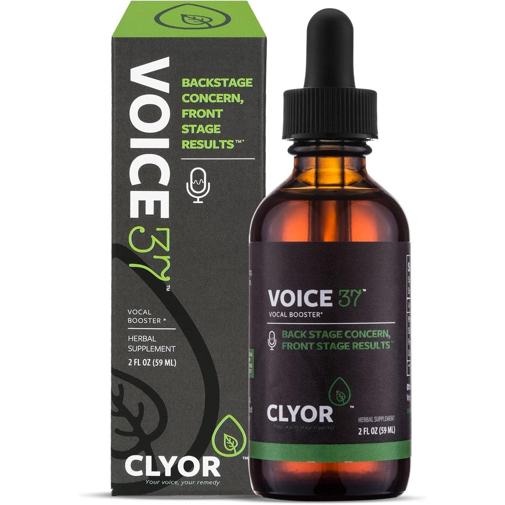 CLYOR Voice37 All Natural Voice Remedy front view of the two ounce bottle for vocal cord lubrication.