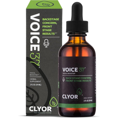 CLYOR Voice37 All Natural Voice Remedy front view of the two ounce bottle for vocal cord lubrication.