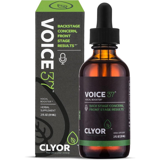CLYOR Voice37 All Natural Voice Remedy front view of the two ounce bottle for vocal cord lubrication.