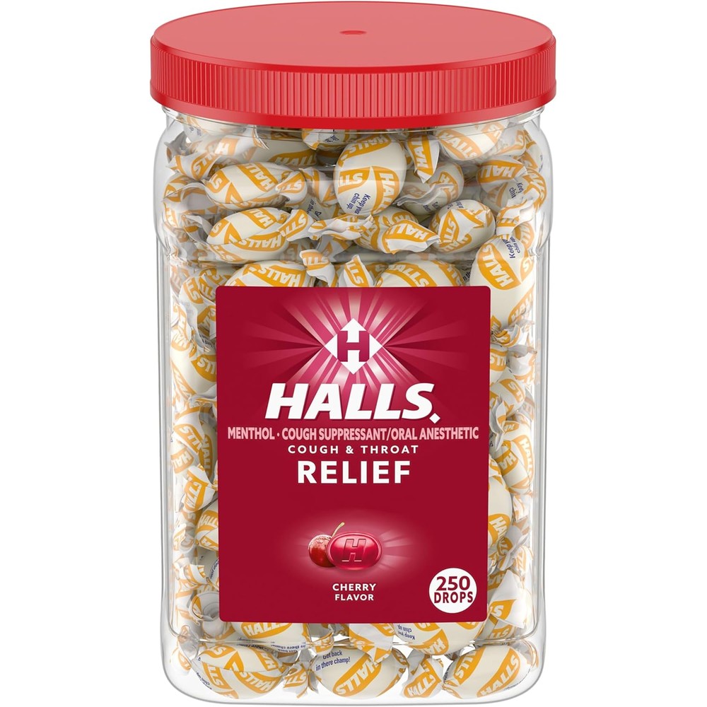 Halls Cough and Throat Relief Cherry Cough Drops front view of bulk jar