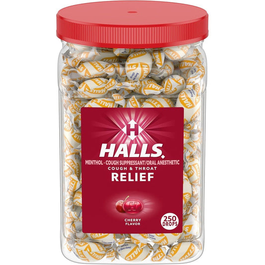 Halls Cough and Throat Relief Cherry Cough Drops front view of bulk jar