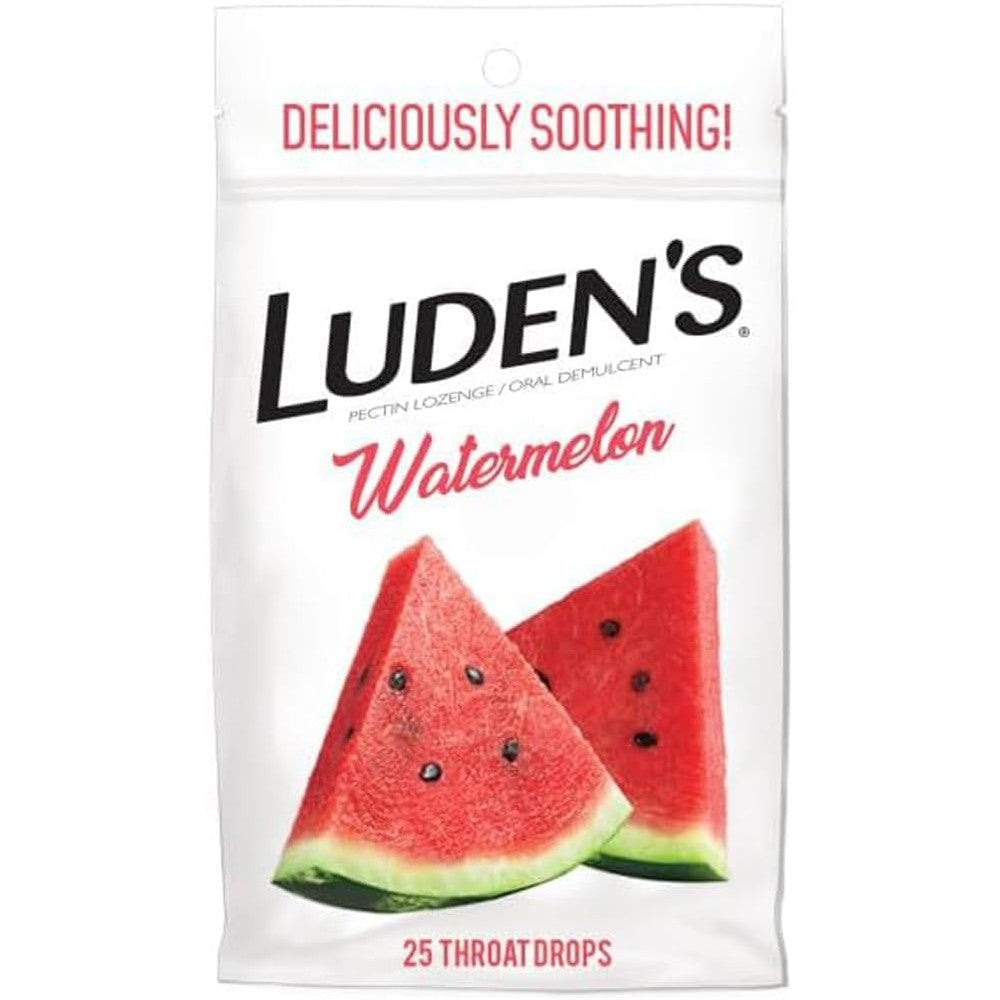 Luden's Watermelon Throat Drops 25 Count front pack view authentic USA imported pectin lozenges