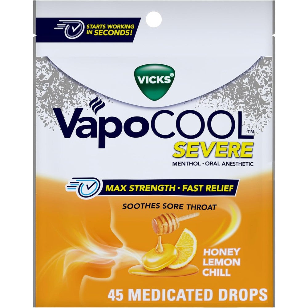 Vicks VapoCool Severe Medicated Sore Throat Drops front packaging for rapid pain relief