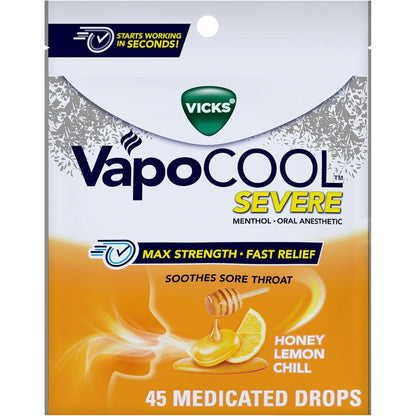 Vicks VapoCool Severe Medicated Sore Throat Drops front packaging for rapid pain relief