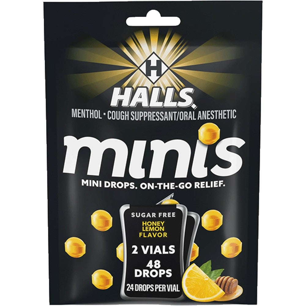 Halls Minis Honey Lemon Sugar Free Cough Drops front view packaging