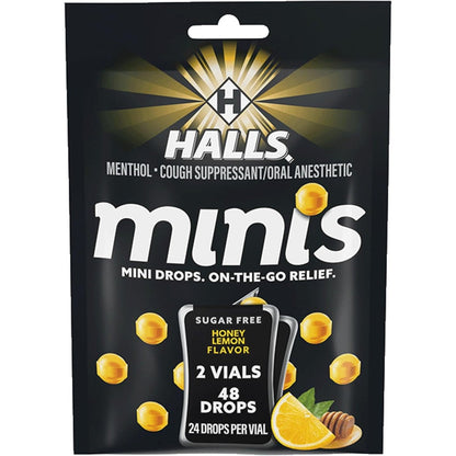 Halls Minis Honey Lemon Sugar Free Cough Drops front view packaging