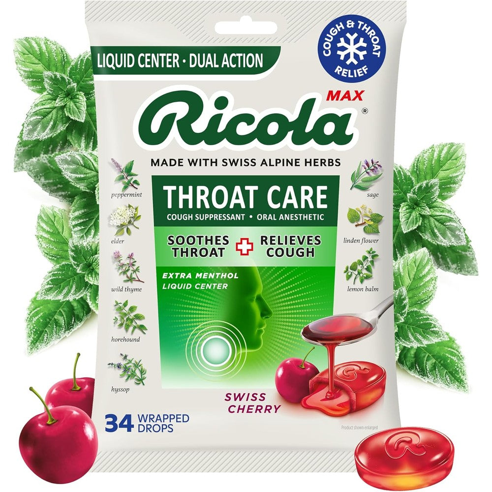 Ricola Max Swiss Cherry Throat Care 34 Count front packaging