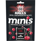 HALLS Minis Cherry Flavor Sugar Free Cough Drops front view pouch pack for portable throat relief