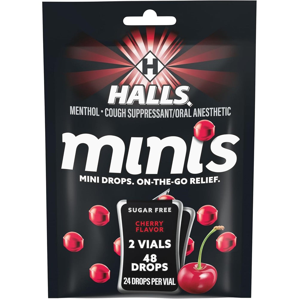 HALLS Minis Cherry Flavor Sugar Free Cough Drops front view pouch pack for portable throat relief