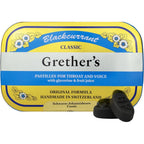 Grether's Pastilles Classic Blackcurrant throat lozenges front view yellow tin packaging.