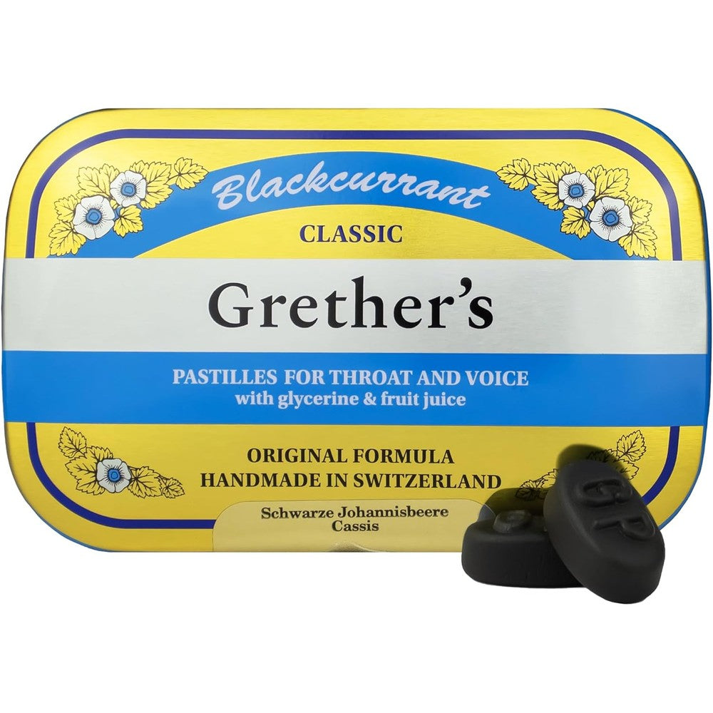 Grether's Pastilles Classic Blackcurrant throat lozenges front view yellow tin packaging.